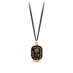 This talisman reads 'J'les Conjure Tous Pour Votre Bonheur' in French, meaning 'I Conjure Them All for Your Happiness.' The sun, moon and stars represent love without limits. Symbolic Black Necklace With Adjustable Chain, Black Symbolic Jewelry With Adjustable Chain, Symbolic Black Jewelry With Adjustable Chain, Symbolic Black Necklace With Moon Charm, Symbolic Black Necklaces For Good Luck, Black Symbolic Jewelry With Moon Charm, Black Brass Spiritual Jewelry, Black Tarnish-resistant Brass Jewelry, Symbolic Black Jewelry With Charms