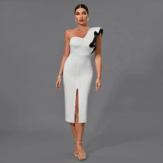 One-Shoulder Double Lotus Ruffled Contrast Color Bodycon Bandage Dress - Elegant Formal Evening Dress for Ladies Elegant Bodycon One-shoulder Summer Dress, Elegant One Shoulder Ruffled Top For Summer, Elegant One-shoulder Bodycon Summer Dress, Elegant One Shoulder Top With Ruffles For Summer, Chic White One Shoulder Top For Party, Elegant One Shoulder Evening Dress With Ruffles, Elegant One Shoulder Asymmetrical Dress With Ruffles, Chic One Shoulder Dress With Asymmetrical Neckline For Dinner, Elegant One Shoulder Dress With Ruffles And Asymmetrical Neckline