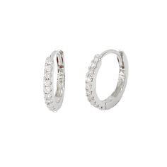 "This finely handcrafted huggie hoop dangle earring is composed of 14K solid gold and pavé set with genuine GVS1 quality round brilliant cut natural real Diamonds. This earring also features a secure hinged closure for the ease of taking them on and off. NOTE: This specific listing is for merchandise that we have available in stock & ready to ship. If you are interested in purchasing this item with more 14K gold color options & quantities kindly click the following link for your convenie Small Silver Hoop Earrings With Halo Design, Small Hoop Earrings With Prong Setting, Classic Small Hoop Huggie Earrings With Halo, Small Hoop Huggie Earrings With Prong Setting As Gift, Huggie Earrings With Prong Setting As Gift, Small Hoop Sterling Silver Earrings With Prong Setting, White Gold Huggie Earrings With Lever Back For Gifts, Sterling Silver Huggie Hoop Earrings With Halo, Anniversary Halo Huggie Earrings