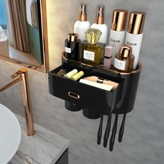 a bathroom sink and mirror with various items on the shelf in front of it,