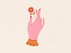 a pink hand holding a red flower on top of it