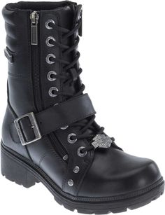 PRICES MAY VARY. Mid-calf moto boot in full-grain leather featuring lace-up vamp with logo lace charm and buckled strap Dual side zippers for easy entry Breathable mesh lining Lightweight outsole and block heel Biker Shoes, Motorcycle Riding Boots, Bike Boots, Motorcycle Boot, Black Moto Boots, Women Motorcycle, Winter Leather Boots, Womens Chunky Heels, Motorcycle Riding