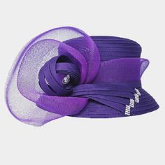 Style No : [424532] H22-Purple Color : Purple Crown Circumference : 23" Crown Height : 3" Brim Width : 2.25" 100% Polyester Bow Accented Flower Dressy Hat Fitted Purple Hat With Short Brim, Purple Adjustable Hat For Church, Adjustable Purple Hat For Church, Purple Adjustable Church Hat, Purple Wide Brim Hat For Church, Fitted Purple Hat For Spring, Purple Wide Brim Hat For Spring, Lavender Wide Brim Summer Hats, Elegant Purple Hats For Spring