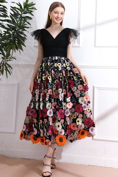 Straps V Neck Black Floral Embroidery Midi Dress Floral Embellished V-neck Gala Dress, Floral Embellished V-neck Dress For Gala, Floral Embellished V-neck Evening Dress, Elegant Embroidered V-neck Midi Dress, Spring Embroidered Evening Dress For Gala, Spring Embroidered Evening Dress, Spring Gala Midi Dress With Floral Embroidery, Embroidered V-neck Midi Dress For Wedding, Summer Gala Dress With Floral Embroidery