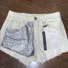 Chiqle Sequin Denim Short Never Worn! Medium Perfect Condition High Wasted Metallic Sequined Bottoms For Summer, Trendy Metallic Bottoms For Spring, Trendy Sequined Bottoms For Summer, Trendy Sequined Summer Bottoms, Trendy High Waist Silver Bottoms, Trendy High-waist Silver Bottoms, Trendy Summer Party Jean Shorts, Trendy Sequined Shorts For Summer, Trendy Party Jeans With Pockets