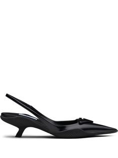 Black leather triangle patch slingback pumps from PRADA featuring logo patch to the front, pointed toe, slingback strap and branded insole. | Prada Triangle Patch Slingback Pumps Shoe Closets, Venus In Scorpio, Diamond Patch, Shoes Png, Prada Triangle, Heels Kitten, Model Clothes, Flat Heels, Heart Shoes