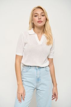 The basic T-Shirt with an original knitted texture and polo collar. It is made of incredibly soft and durable cotton-based material that stretches well and does not restrict movement. The lower cuff can be bent so the T-Shirt will fit high-waisted items. It looks great with jackets and can also be worn as a stand-alone top in warmer weather, complementing your spring and summer looks harmoniously. Knitted Texture, White Knit Top, White Polo Shirt, White Polo, Top Pants Set, Sweater Tank Top, Polo Shirt Women, Basic T Shirt, Knitted Tshirt