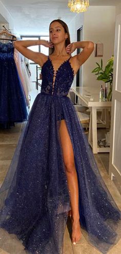 A-line Party Dress With Sweep Train, Party Dresses With A-line Silhouette And Sweep Train, Blue A-line Party Gown, Blue A-line Gown For Party, Royal Blue A-line Evening Dress For Prom, Blue A-line Cocktail Gown, Blue Sparkly Dress, Navy Prom Dresses, Cute Formal Dresses