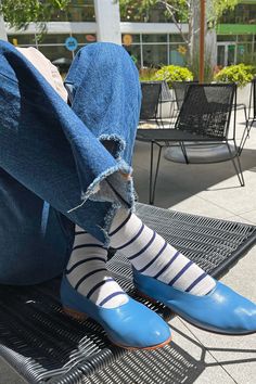 These little striped darlings add a touché of Parisian chic to any look. Like our Sneaker Socks it is made from a breathable cotton blend that you can sweat, dance, jump and play in without leaving a mark on your skin like most sock bands do! Fabric 85 Cotton 13 Polyester 2 Spdx Care Instructions Machine wash Made in South Korea Blue Socks For Spring, Casual Striped Stretch Socks, Casual Stretch Striped Socks, Casual Striped Socks For Spring, Comfortable No-show Socks For Spring, Casual Striped Summer Socks, Comfortable No-show Spring Socks, Casual Everyday Socks For Spring, Trendy Striped Socks For Spring