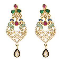 22K Gold Ruby Emerald CZ Earrings - Virani Jewelers Elegant 22k Gold Temple Jewelry Earrings, 22k Gold Elegant Temple Jewelry Earrings, 22k Gold Temple Jewelry Earrings With Elegant Design, Intricate 22k Gold Fusion Earrings, Fusion Style 22k Gold Earrings With Intricate Design, 22k Gold Fusion Earrings With Intricate Design, Gold Plated Temple Jewelry Earrings With Elegant Design, Elegant 22k Gold Gemstone Earrings, 22k Gold Gemstone Earrings For Formal Occasions