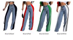 These stretchy high-waisted, wide-leg denim pants are a statement piece for the bold and fashion-forward. Featuring a unique design with contrasting stripes on the sides, these jeans show sporty vibes that say street-style chic. The striking stripe details add a dynamic edge, making them perfect for anyone looking to show their flare. Pair them with a cropped top for a casual day out or dress them up with heels for a night out. These pants are the ultimate style for your profile. Embrace your in Street Style Chic, Straight Leg Denim, Wide Leg Denim, Black & White, Style Chic, Cropped Top, Brunei, Denim Pants, Black Green