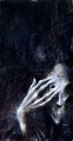 a painting of a person holding their hand up to the camera, with dark background