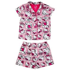 This is classic Hello Kitty at her best! These pink Hello Kitty pajamas are for girls and are a soft 100% Polyester fabric. The adorable notch collar button down top is paired with Hello Kitty elastic waist printed shorts. The design features the loveable Kitty looking cute and doing the hula hoop! These jammies are made from flame resistant fabric to comply with safety regulations. Size: 8.  Gender: female.  Age Group: kids. Classic Hello Kitty, Kitty Clothes, Winter Trousers, Hello Kitty Clothes, Hello Kitty Sanrio, Hello Kitty Pink, Womens Pajamas Pants, Pink Hello Kitty, Soft Pajamas