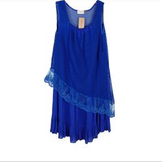 Brand New With Tags Jon & Anna Beautiful Royal Blue Color Has A Layer Of Mesh Overtop That Has Lace At The Bottom Could Also Be A Cute Beach Dress/Swim Coverup Size Large 92% Polyester, 8% Spandex Machine Wash Cold Measurements: Pit To Pit 16 1/2”, Length 35” Blue Sleeveless Mini Dress With Ruffles, Blue Sleeveless Beachwear Dress For Spring, Blue Sleeveless Dress For Spring Beachwear, Blue Sleeveless Backless Dress For Summer, Blue Stretch Sleeveless Beach Dress, Blue Stretch Sleeveless Dress For Vacation, Blue Sleeveless Beachwear Dress For Summer, Blue Stretch Sleeveless Summer Dress, Blue Sleeveless Dress For Beach Season