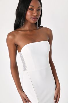 Loving the Feeling White Strapless Bodycon Midi Dress Shower Dress For Bride, Wedding Rehearsal Dress, Tight Midi Dress, Bachelorette Party Dress, One Way Or Another, Lulu Fashion, White Bodycon Dress, Bridal Shower Dress, Strapless Neckline