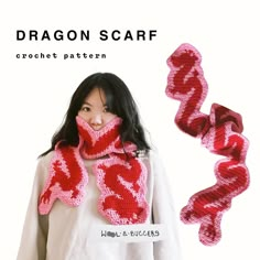 a woman wearing a red scarf with the word dragon scarf on it