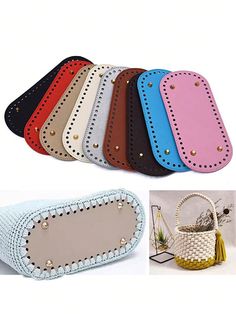 four different color purses with holes on the side and one has a white handle