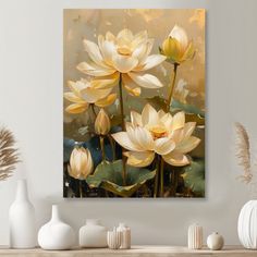 a painting of yellow water lilies on a white wall above a wooden table with vases