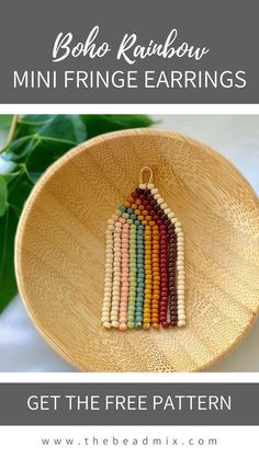 a wooden bowl with colorful beads in it and the words boho rainbow mini fringe earrings on