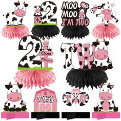 PRICES MAY VARY. Paper Pink Cow Theme: This 2nd birthday decoration set features a cute pink cow design to make your little one's birthday extra special. Honeycomb Centerpieces: The set includes 10 pieces of cardboard with honeycomb cutouts and 4 holders to create eye-catching table decorations. Perfect for 2nd Birthday: These decorations are ideal for celebrating a 2nd birthday girl's special day and will add a fun touch to any party. Durable and Portable: The decorations are made from lightweight, durable cardboard that is easy to set up and pack away. Easy to Assemble: Simply tear off the stickers, attach the honeycombs to the cardboard and expand to fit any table space. 10pcs Moo Moo I'm Two Birthday Decorations Honeycomb Centerpieces Material:paper Color:pink black Count:10Pcs Occasio Cow 2nd Birthday, Honeycomb Centerpiece, Centerpiece Party, Two Birthday, Farm Themed Birthday Party, Birthday Table Decorations, Second Birthday Ideas