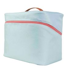 a light blue bag with pink trim on the bottom and side, sitting against a white background