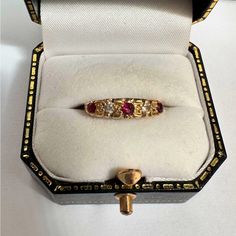 This Is A Vintage 18k Yellow Gold Diamond And Ruby Five-Stone Anniversary Ring. Hallmarked (Pictured) For 750, Or 18k Gold. Size 4 3/4 (4 And 3/4). A Beautifully Preserved Vintage Heirloom Piece! Luxury Multi-stone Ruby Ring In Gold, Luxury Gold Ruby Ring With Multi-stone, Luxury Multi-stone Gold Ruby Ring, Exquisite Red Multi-stone Jewelry, Exquisite Yellow Gold Ruby Ring, Luxury Hallmarked Yellow Gold Ruby Ring, Luxury Yellow Gold Ruby Ring Hallmarked, Exquisite Multi-stone Yellow Gold Ruby Ring, Exquisite Gold Ruby Gemstone Ring