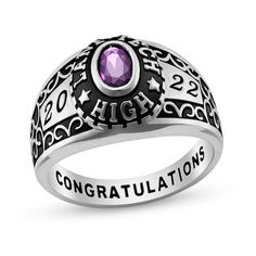 Perfect for the modern graduate, this Personalized class ring pays special tribute to her important accomplishment. This ladies' traditional meets ornate class ring fashioned in sterling silver with an antique-finish can be Personalized with an oval-shaped simulated birthstone of your choice. Further customize the design with a school name (up to twenty-two characters) and a graduation year (4 digits). Add a name or phrase, up to eighteen characters maximum, inscribed along the inside of the rin Classic Sterling Silver Rings For Commemoration, Classic Oval Engraved Ruby Ring, Classic Oval Engraved Ring For Commemoration, Heirloom Oval Ring For Commemoration, Classic Sterling Silver Signet Ring With Accent Stones, Classic Oval Signet Ring With Accent Stones, Classic Engraved Ruby Ring For Anniversary, Engraved Filigree Oval Promise Ring, Engraved Oval Filigree Ring For Promise