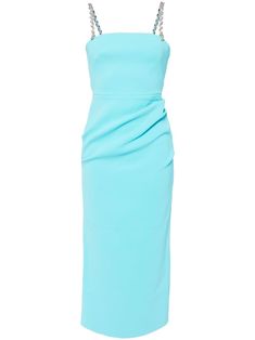 Blue Party Midi Dress With Straight Neckline, Blue Midi Dress With Straight Neckline For Party, Blue Midi Dress With Side Slits For Party, Blue Party Midi Dress With Side Slits, Elegant Blue Midi Dress With Side Slits, Blue Dress With Ruched Bodice And Straight Neckline, Light Blue Sleeveless Evening Midi Dress, Chic Strapless Light Blue Midi Dress, Sleeveless Light Blue Midi Dress For Evening