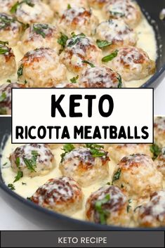 keto ricotta meatballs in a skillet with sauce and parsley on top