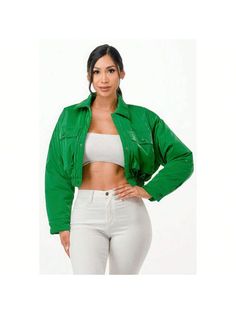 Elevate your outerwear game with our Shiny Puffer Cropped Bomber Jacket, a chic and versatile piece designed to add a touch of style to your wardrobe. Meticulously crafted with attention to detail, this jacket offers both warmth and fashion-forward flair.

Key Features:
1. Fabric: Crafted from high-quality 100% Polyester, providing durability and comfort for all-day wear.
2. Fit: Cropped bomber style with a relaxed fit, ensuring warmth and ease of movement.
3. Color: Available in a stylish Green Spring Streetwear Outerwear With Padded Collar, Trendy Fall Puffer Jacket For Cold Weather, Spring Casual Puffer Leather Jacket, Casual Spring Puffer Leather Jacket, Trendy Puffer Jacket For Cold Weather, Trendy Puffer Outerwear For Cold Weather, Trendy Leather Jacket With Padded Collar For Fall, Trendy Long Sleeve Utility Jacket For Fall, Trendy Fall Puffer Jacket With Padded Collar