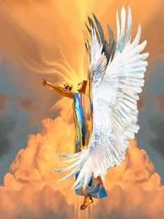 a painting of an angel flying through the sky