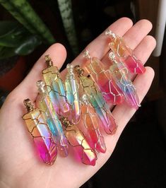 ~ Pretty Aura Quartz Colored Crystal Necklaces ~• These pretties are only $39 each with free shipping and comes with a 16” chain!• A cute and simple style wrap that flows perfectly together🌈• I have 5 of each colors available.(3 wrapped in silver and 2 wrapped in bronze wire of each color)- Tri Color of Pink/Blue/GreenAnd the other color is - Orange/Pink• The size of these beauties are between 1 3/4” - 2 1/2” tall ☺️•• Free gift with every order🌈🌷Thank you for supporting this small business!✨ Pretty Aura, Crystals Spirituality, Necklaces Simple, Blue Aura, Wire Wrapped Jewelry Diy, Color Quartz, Crystals Healing Properties, Gemstone Meanings, Quartz Colors