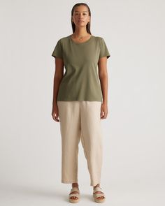 Only the best for your perfect cotton tee! This super soft and stretchy cotton blend is wrinkle-resistant with a flattering, smooth finish. It's easygoing for everyday wear, and has comfy wearability to pair with any outfit.  | Quince | Women's Cotton Modal Scoop Neck T-Shirt in Dark Olive, Size Large, Cotton/Modal Effortless Spring T-shirt For Casual Gatherings, Casual Fitted T-shirt For Loungewear, Comfortable Stretch T-shirt For Everyday, Effortless Stretch Tops For Everyday, Simple Relaxed Fit T-shirt For Loungewear, Casual Scoop Neck Tops For Everyday, Comfortable Stretch T-shirt For Spring, Effortless Relaxed Fit T-shirt For Spring, Everyday Stretch T-shirt With Scoop Neck