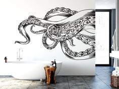 an octopus wall decal in a bathroom