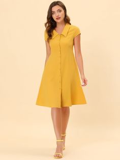 Shop Allegra K for Cap Sleeve Cotton Shirtdress Work Collar Midi Button Down Dress you are looking for, get more women's Dresses for yourself. Order now! Free Returns！ Midi Button Down Dress, Dresses Yellow, Line Dresses, Plus Size Brands, Short Sleeve Dress Shirt, Cotton Shirt Dress, A Line Dresses, Cap Dress, Button Up Dress