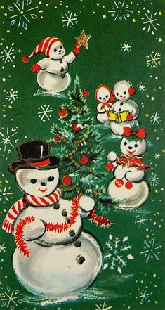 a christmas card with snowmen and a tree in the center, all dressed up