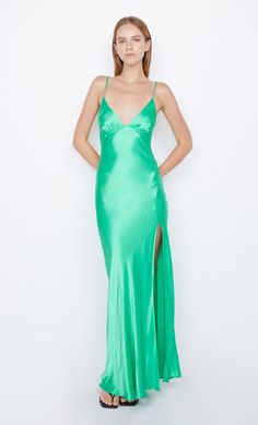 Ren Split Maxi Formal Bridesmaid Dress in Emerald Green by Bec + Bridge Fitted Bias Cut Satin Maxi Dress, Sleek Fitted Floor-length Satin Dress, Fitted Full Length Satin Evening Dress, Fitted Split Evening Gown, Satin Gown With Side Slits And Floor-length, Full-length Satin Dress With Side Slits, Fitted Slip Dress With Back Opening For Gala, Floor-length Bias Cut Satin Dress For Night Out, Cocktail Satin Dress With Boning