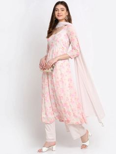 Georgette Off White & Pink Printed Anarkali Suit with Dupatta | Festive wear kurta sets | 32 / Ships in 2-3 Weeks | Anarkali Georgette, Printed Anarkali Suits, Suit With Dupatta, Printed Anarkali, Anarkali Kurta, English Rose, Anarkali Suit, Suit Fabric, Kurti Designs