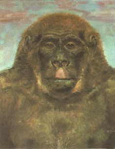 a painting of a monkey with its eyes closed and mouth wide open, in front of a blue sky