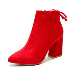 Casual Red High Ankle Heeled Boots, Red Round Toe Heeled Boots For Spring, Red Heeled Boots With Round Toe For Spring, Trendy Red Boots For Spring, Spring Boots With Red Sole And Round Toe, Spring Boots With Pointed Toe, Pointed Toe Boots For Spring, Solid Color Pointed Toe Boots For Spring, Winter Boots With Red Sole And Block Heel