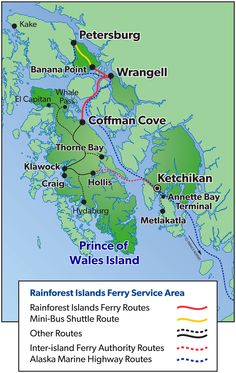 a map showing the location of prince of wales's ferry route and other routes