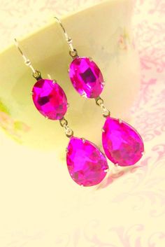 Fuchsia Hot Pink Earrings Teardrop Drop October birthstone Wedding Bridal Estate Style Earrings Elegant Pink Teardrop Earrings For Party, Pink Drop Crystal Earrings For Wedding, Pink Teardrop Earrings For Party, Elegant Pink Crystal Drop Earrings, Pink Teardrop Drop Earrings For Wedding, Pink Teardrop Bridal Earrings For Party, Pink Dangle Crystal Earrings For Valentine's Day, Valentine's Day Pink Dangle Crystal Earrings, Pink Teardrop Earrings For Formal Occasions