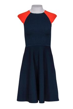 Current Boutique-Karen Millen - Navy & Orange Ribbed Knit Short Sleeved Dress Sz S Short Sleeved Dress, Knit Short, Sleeved Dress, Mock Neckline, Night Looks, Karen Millen, Knit Shorts, Polished Look, Jumpsuit Dress