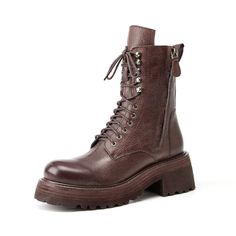 • Heel Type: Square Heel• Shaft Material: Genuine Leather• Season: Spring / Autumn• Toe shape: Round Toe• Outsole Material: Rubber• Platform Height: 0-3cm• Closure Type: Lace-up• Fit: Fits true to size, take your normal size• Heel Height: 6.7cm• Import Product Brown Fall Work Boots With Lug Sole, Brown Work Boots With Lug Sole For Fall, Leather Mid-calf Boots With Lug Sole For Fall, Fall Leather Lace-up Boots With Lug Sole, Leather Lace-up Boots With Lug Sole For Fall, Brown Combat Boots With Lug Sole For Fall, Brown Leather Sole Combat Boots For Fall, Fall Leather Combat Boots With Lug Sole, Leather Combat Boots With Lug Sole For Fall