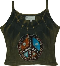 This knit cotton crop top features a distinctive peace sign applique on the front, blending bohemian style with a vintage-inspired design.  The top is rich, earthy green with subtle tie-dye, giving it a retro, laid-back vibe. #tlb #Sleeveless #Stonewash #Embroidered #vacationclothing #bohemianfashion #Handmade #JuniorPetite #Hippiepeacetop Peace Sign Clothes, Cropped Cotton Tank Top For Fall, Fall Cropped Cotton Tank Top, Casual Brown Crop Top For Festival, Free-spirited Cotton Top For Spring, Brown Bohemian Crop Top For Spring, Bohemian Brown Crop Top For Spring, Casual Brown Tank Top For Festival, Brown Hippie Festival Tops