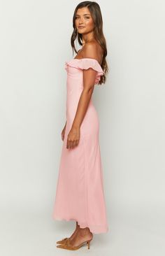 Pink Maxi Dress

 


 How to style:

 Look stunning at your next event in our pink maxi dress (). You will be guaranteed to stand out whether it's your birthday () or formal () event! Complete the look with nude heels and bold jewellery!

 


 Features: 

  
 * Lightweight 
 * Maxi length 
 * Minimal stretch 
 * Invisible zip on side 
 * Off the shoulder straps 
 * Chiffon ruffle detailing at top 
 * Lined 
 * Bias Cut Pink Chiffon Maxi Dress, Quince Outfit, Pisces Szn, Bridesmaid Tulle, Party Dress Outfit, Wedding Frocks, Georgette Gown, Dusty Lavender, Cold Shoulder Maxi Dress