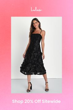 If the invite says ""botanical garden"" make sure you check yes because the Lulus Glamour Garden Black 3D Floral Embroidered Midi Dress loves to be among the flowers! Sheer mesh, decorated with three-dimensional floral embroidery, shapes a straight neckline and a fitted bodice, supported by adjustable spaghetti straps. High waist tops a flaring midi skirt. Hidden back zipper/clasp. Fit: This garment runs small - please size up. Length: Knee to mid-calf length. Size medium measures 40" from adjustable straps to hem. Bust: Works best for A to C cup sizes - consider sizing up for fuller bust. Waist: Fitted - very fitted at natural waist. Hip: Loosely Fitted. Undergarments: May be worn with a strapless bra, adhesive bra, petals, or no bra. Fabric: Fabric has no stretch. Lined. Shell 1: 100% Ny Chic Floral Embroidered Midi Dress For Garden Party, Chic Midi Dress With Floral Embroidery For Garden Party, Chic Spring Midi Dress With Floral Applique, Floral Embellished Midi Dress For Spring Party, Chic Floral Embroidered Midi Dress For Party, Elegant Party Dresses With 3d Flowers, Elegant Floral Midi Dress For Garden Party, Chic Floral Applique Dress For Garden Party, Elegant Spring Dress With 3d Flowers