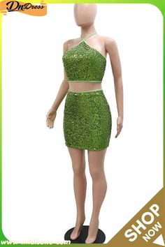 Green Sexy Solid Sequins Split Joint Halter Sleeveless Two Pieces Two Pieces, Split, Free Shipping, Green