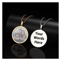 two pendants with the words, your words here and an image of a family