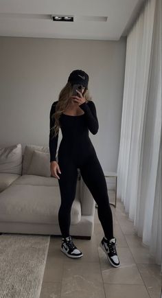 Sporty Outfit Inspiration, Sporty Black Outfits, Black Jumpsuit Outfit With Jordans, Black All In One Jumpsuit, Black Activewear Aesthetic, Jumpsuit And Dunks Outfit, Casual Sporty Outfits Fall, Black Body Jumpsuit Outfit, All Black Outfit With Jordans